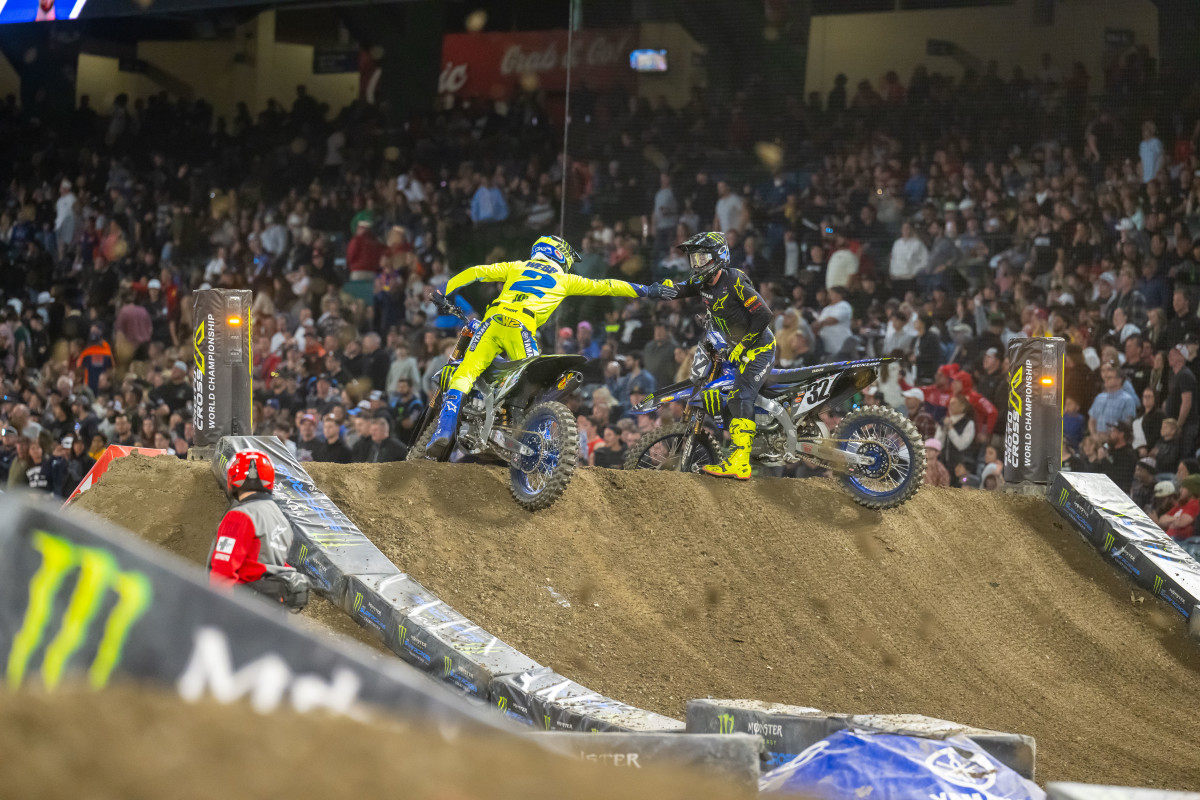 Copper Webb and teammate Justin Copper fist bump after Webb's win. Photo: Align Media.